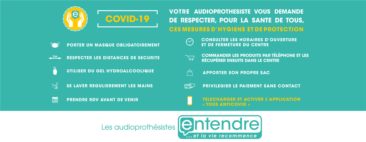 Votre audioprothésiste vous demande de respecter, pour la santé de tous, ces mesures d’hygiène et de protection